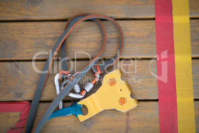 Carabiner with wire rope on wooden