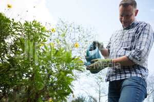 Man watering plants with a watering can