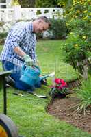 Man watering plants with a watering can