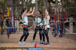 Female friends giving high five to each other after completing zip line