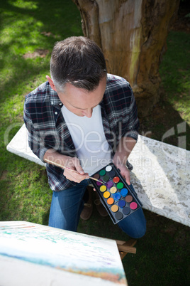 Man painting on canvas in garden