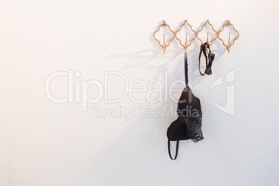 Lingerie and bow tie hanging on hook