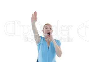 Female executive gesturing against white background