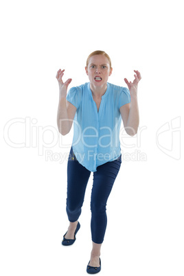 Female executive gesturing against white background