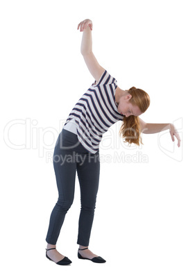 Woman sleeping while walking against white background