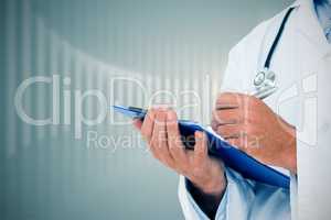 Composite image of doctor writing on clipboard