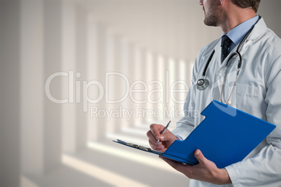 Composite image of male doctor writing on clipboard