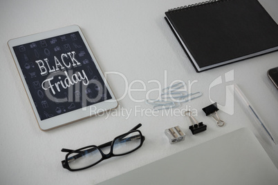 Composite image of various office accessories on white background