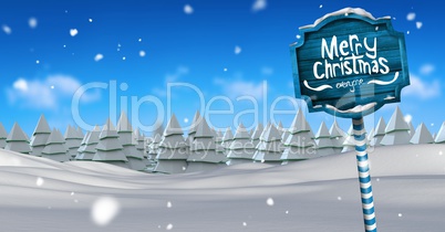 Merry Christmas text on Wooden signpost in Christmas Winter landscape