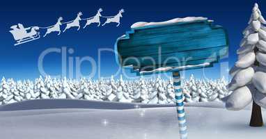 Wooden signpost in Christmas Winter landscape and Santa's sleigh and reindeer's