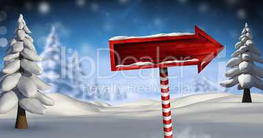 Wooden signpost in Christmas Winter landscape with trees
