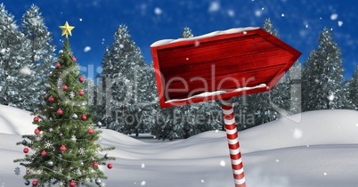 Wooden signpost in Christmas Winter landscape with Christmas tree