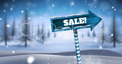 Sale text on Wooden signpost in Christmas Winter landscape