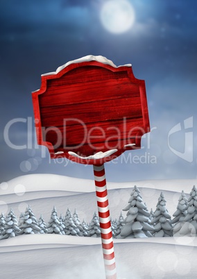 Wooden signpost in Christmas Winter landscape