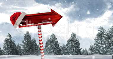 Wooden signpost in Christmas Winter landscape and Santa hat