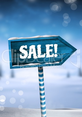 Sale text on Wooden signpost in Christmas Winter landscape