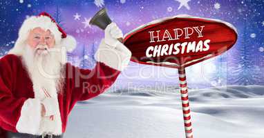 Happy Christmas text and Santa holding bell with Wooden signpost in Christmas Winter landscape