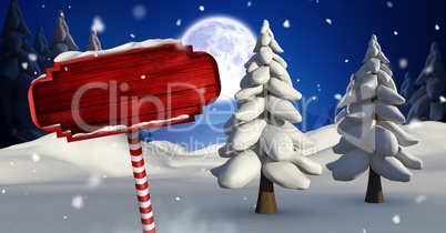 Wooden signpost in Christmas Winter landscape with trees