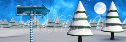 Wooden signpost in Christmas Winter landscape with trees