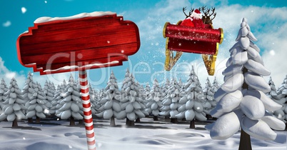 Wooden signpost in Christmas Winter landscape and Santa's sleigh and reindeer's