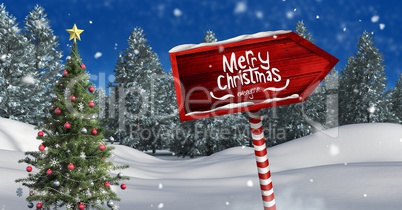 Merry Christmas text and Wooden signpost in Christmas Winter landscape with Christmas tree