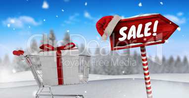 Sale text and gift in shopping trolley with Wooden signpost in Christmas Winter landscape and Santa