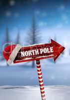 North Pole text and Wooden signpost in Christmas Winter landscape with Santa hat