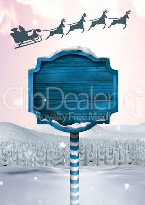 Wooden signpost in Christmas Winter landscape and Santa's sleigh and reindeer's