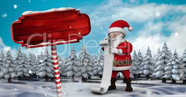 Santa reading list and Wooden signpost in Christmas Winter landscape