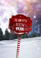 Happy New Year text and Wooden signpost in Christmas Winter landscape