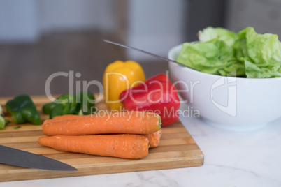 Vegetables kept on chopping board in kitchen