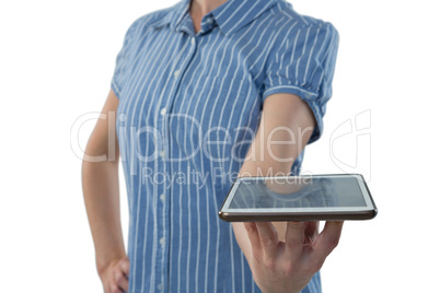 Female executive holing digital tablet