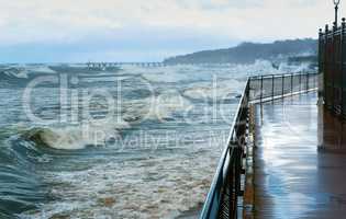 sea, storm, waa storm at sea, the waves cover the pier, a severe storm in the Baltic seaves, storms, storm, cyclone, Baltic