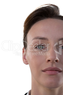 Woman smiling against white background