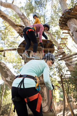 Friends climbing on tree with stairs