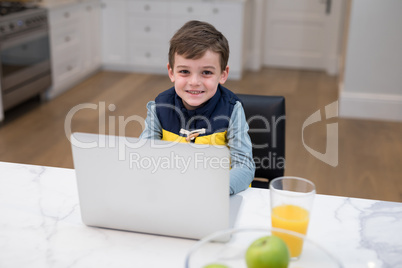 Boy using laptop in kitchen