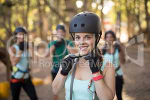 Trainee wearing protective helmet