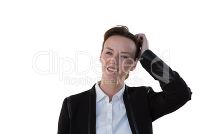 Businesswoman standing against white background