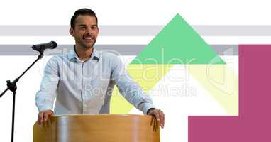 Businessman with minimal shapes on conference podium