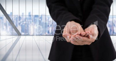 Businessman with hands palm open in city office