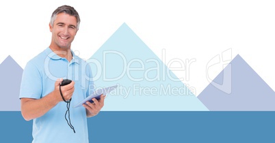 Fitness trainer man with minimal shapes holding stopwatch and charts