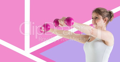 Fitness trainer woman with minimal shapes lifting weights