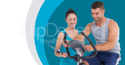 Fitness trainer man and woman with minimal shapes on exercise bike