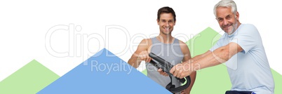 Fitness trainer men with minimal shapes and exercise bike