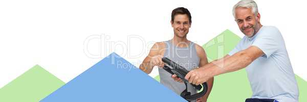 Fitness trainer men with minimal shapes and exercise bike