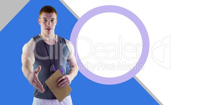 Fitness trainer man with minimal shapes making handshake