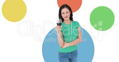 Woman drinking wine with colorful circles