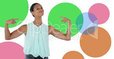 Businesswoman with minimal shapes pointing at herself
