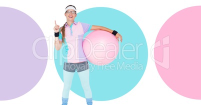 Fitness trainer woman with minimal shapes holding exercise ball