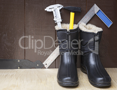 Work boots and tools.